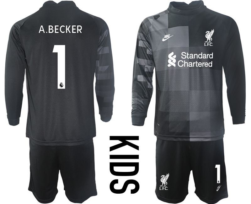 Cheap Youth 2021-2022 Club Liverpool black goalkeeper long sleeve 1 Soccer Jersey